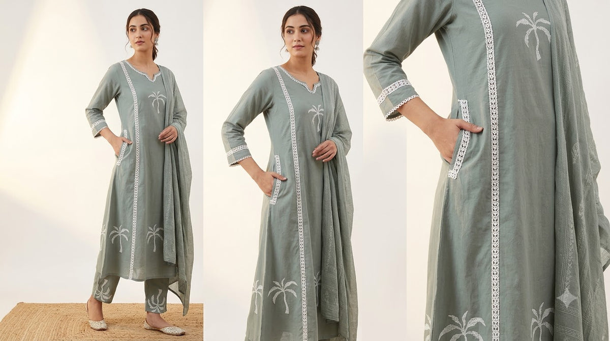 Grey Lace Detailing Cotton Suit Set with Pockets