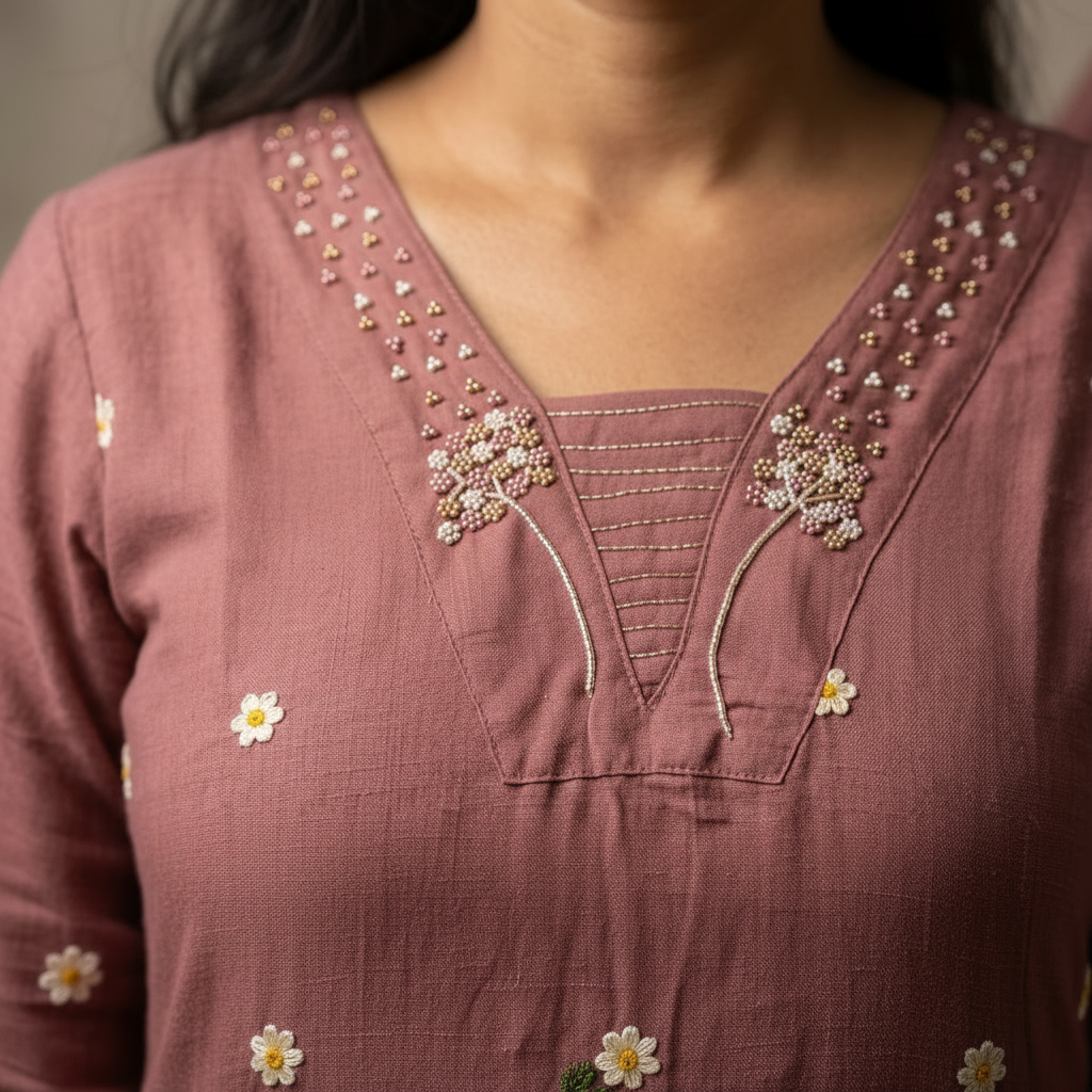 Mauve Mul Chanderi Bead & Floral Embroidered Suit Set
