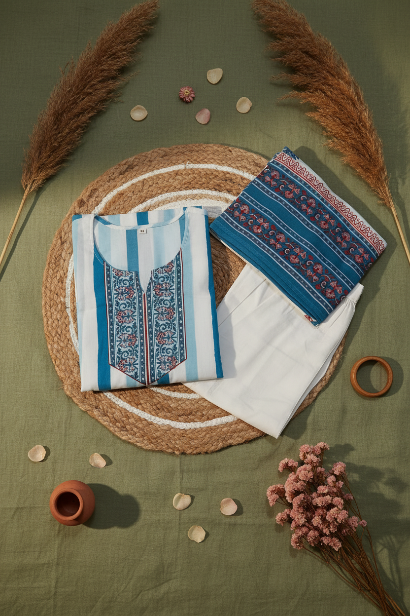 White Blue Stripes Cotton Straight Suit Set