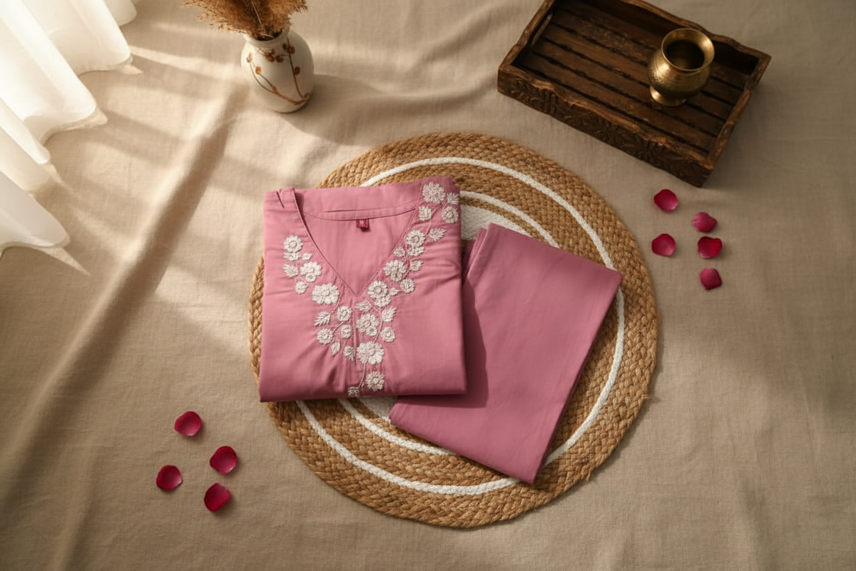Blush Pink Cotton Straight Suit Set