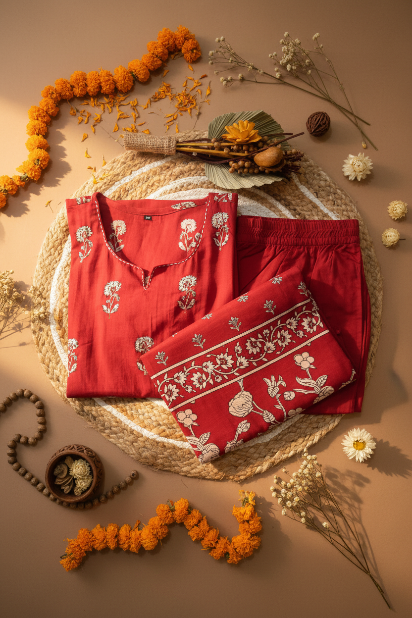 Red Block Print Cotton Straight Suit Set