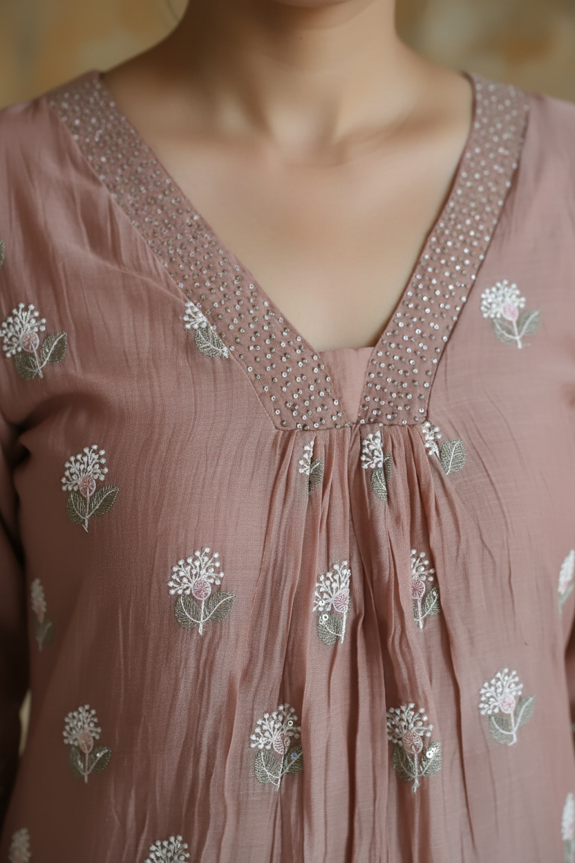 Blush Pleated Embroidered Mul Chanderi Suit Set