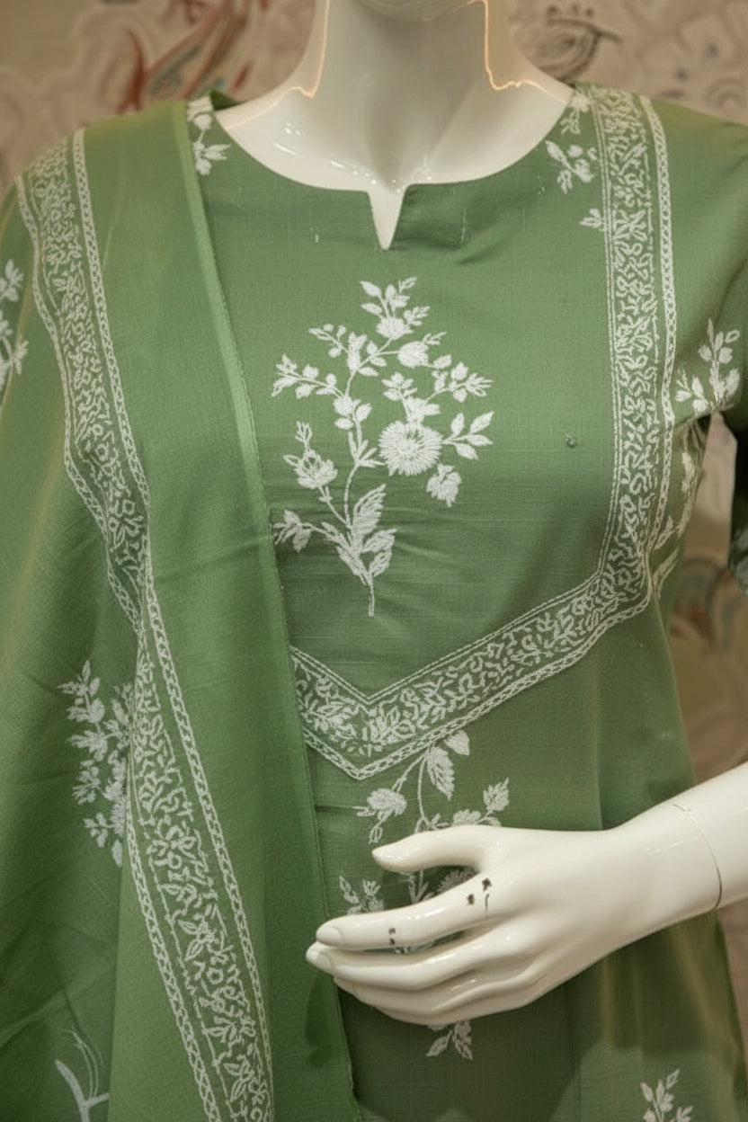 Fern Green Cotton Straight Suit Set