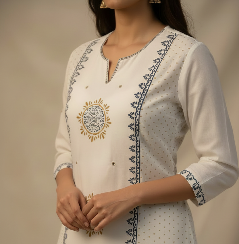 White Printed Cotton Suit Set
