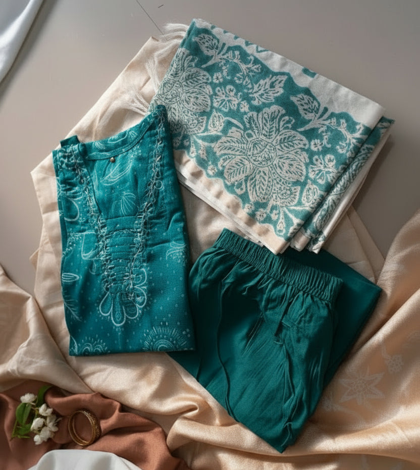 Teal Blue Cotton Straight Suit Set