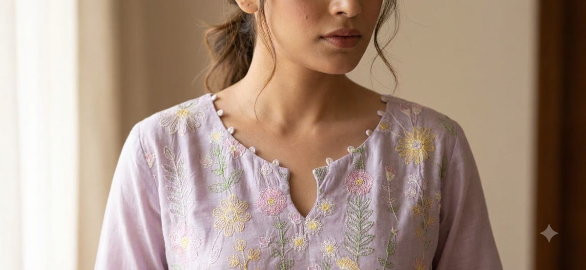 Lilac Embroidered Mul Chanderi Straight Suit Set