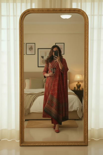 Maroon Leaf Ajrakh Cotton Suit Set