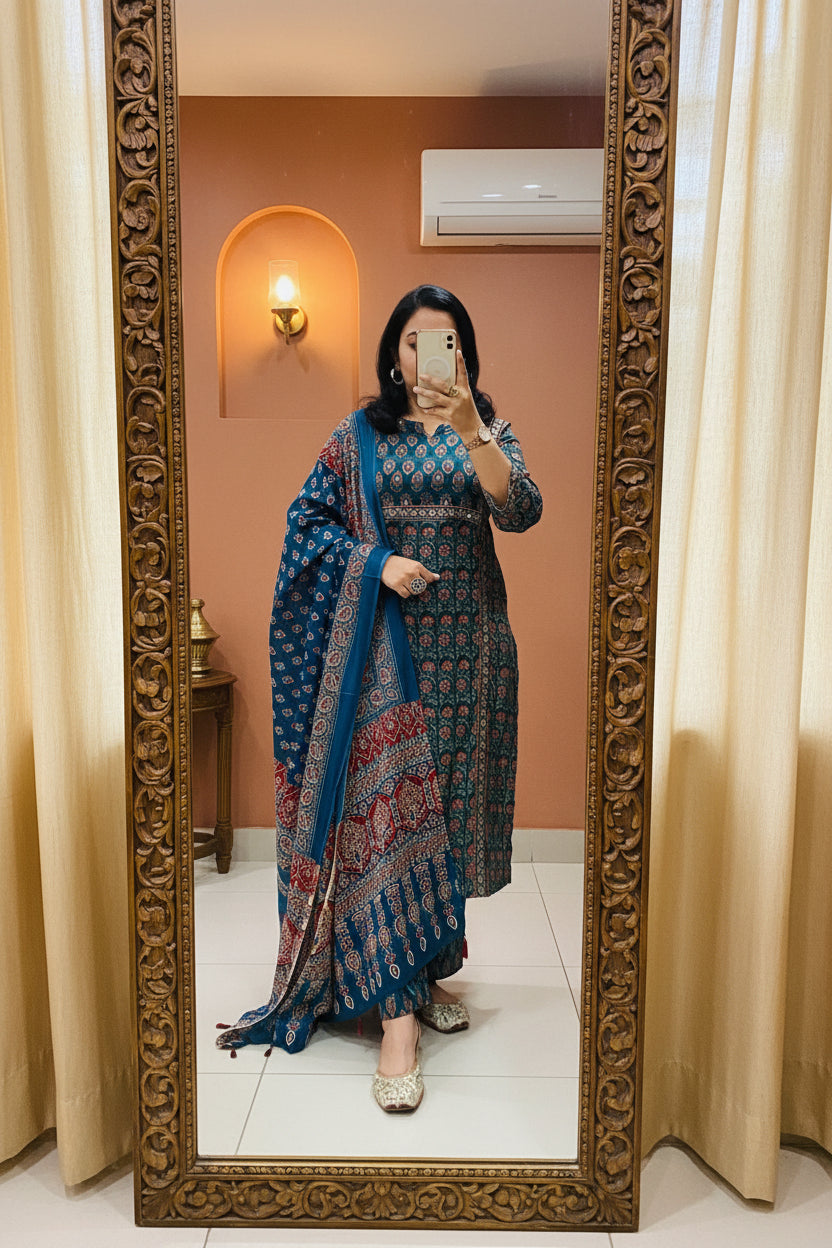 Blue Ajrakh Cotton Straight Suit Set