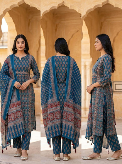 Blue Ajrakh Cotton Straight Suit Set