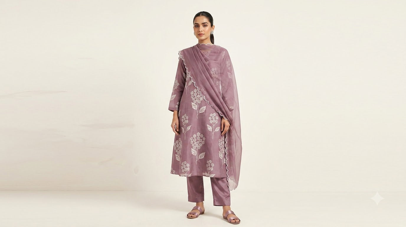 Orchid Embroidered Mul Chanderi Suit Set