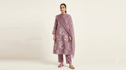 Orchid Embroidered Mul Chanderi Suit Set