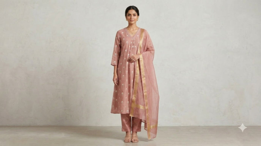 Blush Pleated Embroidered Mul Chanderi Suit Set