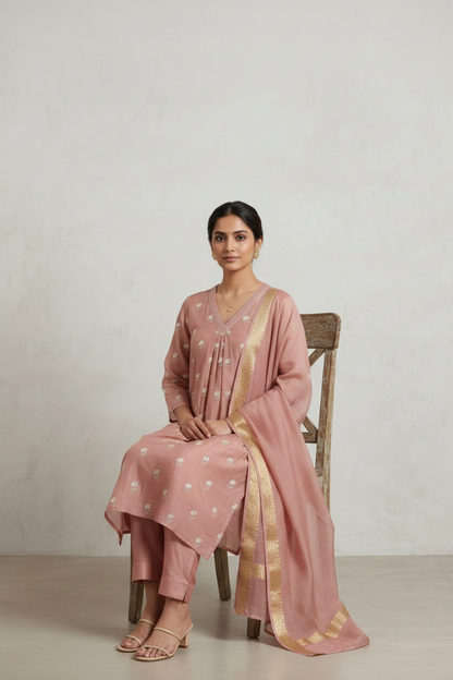 Blush Pleated Embroidered Mul Chanderi Suit Set