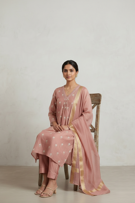 Blush Pleated Embroidered Mul Chanderi Suit Set