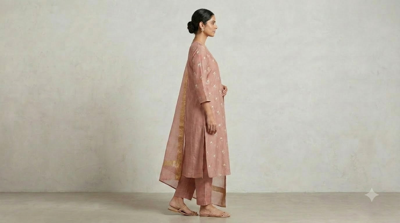 Blush Pleated Embroidered Mul Chanderi Suit Set