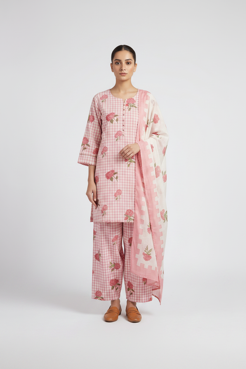Baby Pink Hydrangea Check Farshi Cotton Suit Set