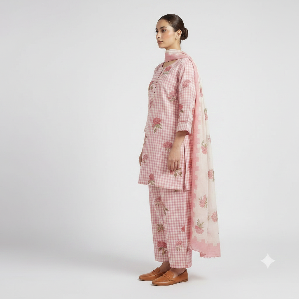 Baby Pink Hydrangea Check Farshi Cotton Suit Set