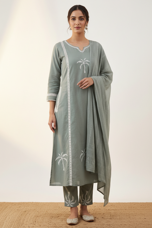 Grey Lace Detailing Cotton Suit Set with Pockets