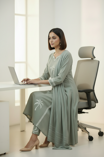 Grey Lace Detailing Cotton Suit Set with Pockets