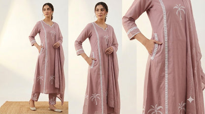 Mauve Pink Lace Detailing Cotton Suit Set with Pockets