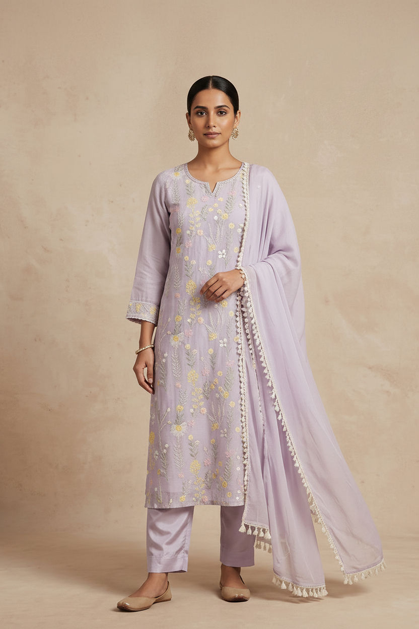 Lilac Embroidered Mul Chanderi Straight Suit Set