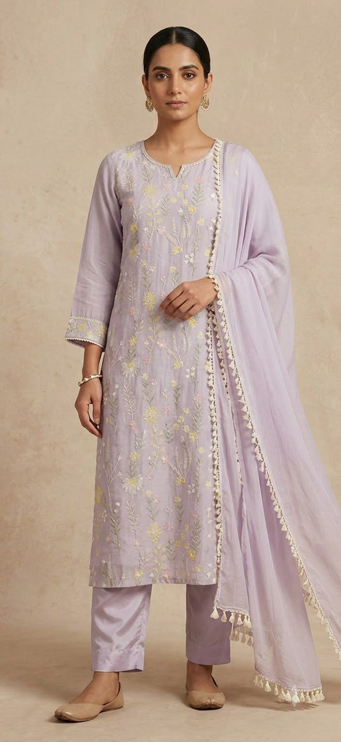 Lilac Embroidered Mul Chanderi Straight Suit Set