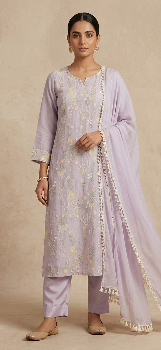 Lilac Embroidered Mul Chanderi Straight Suit Set