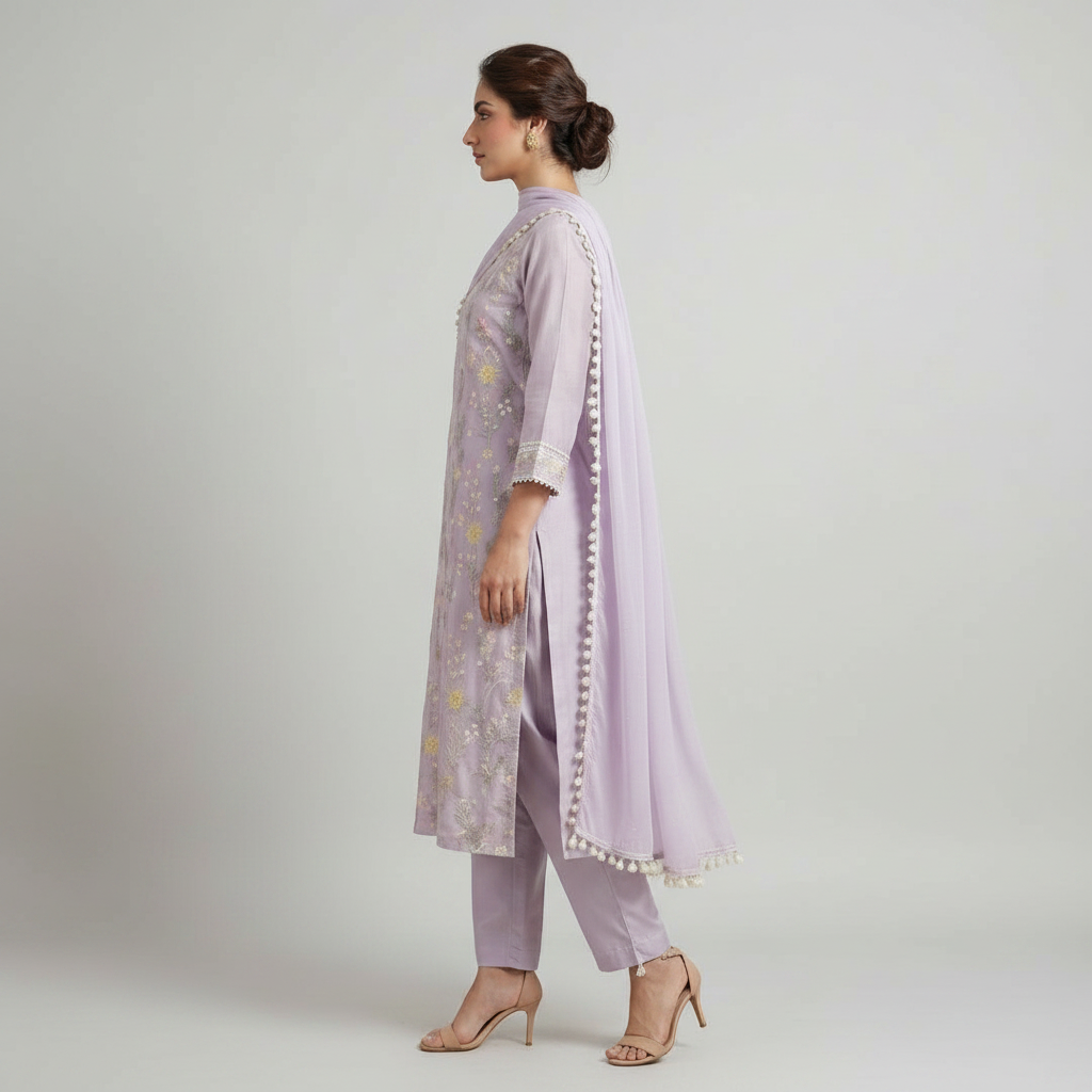 Lilac Embroidered Mul Chanderi Straight Suit Set