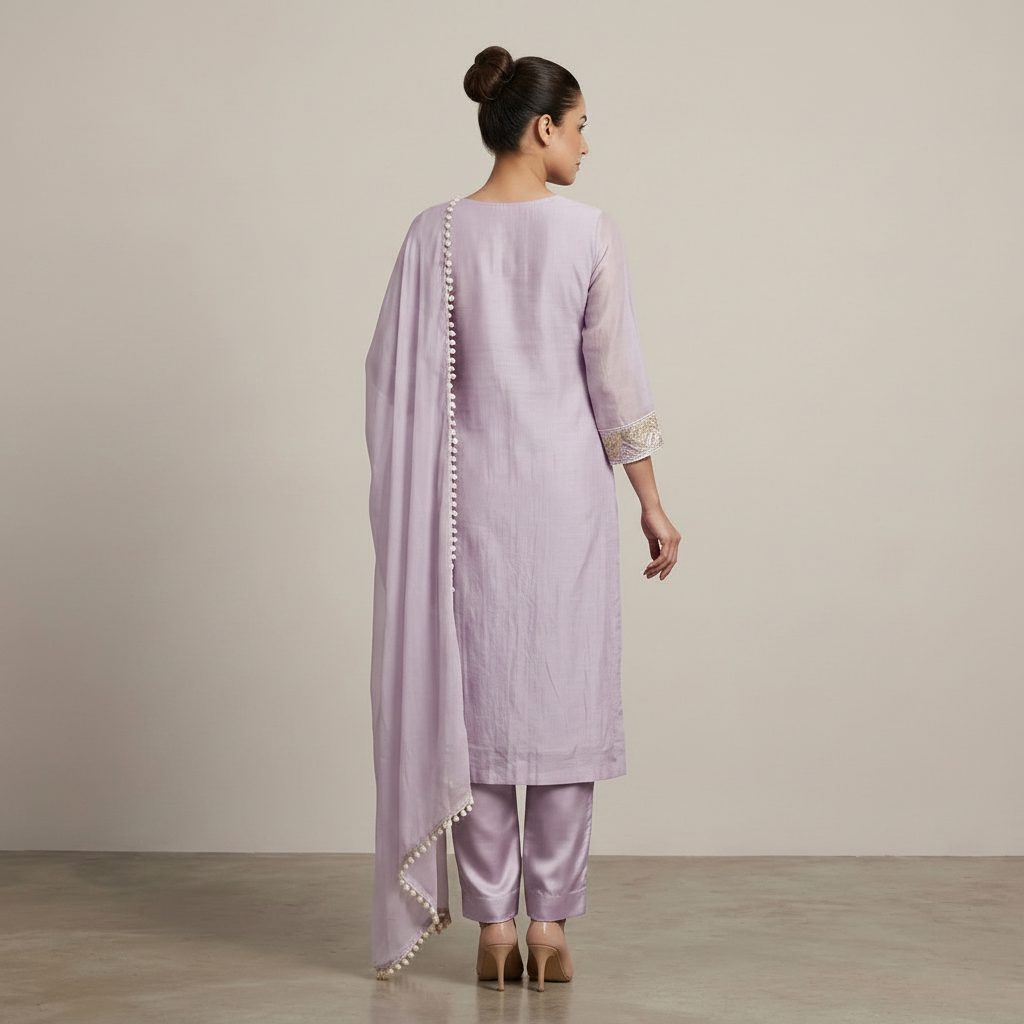 Lilac Embroidered Mul Chanderi Straight Suit Set