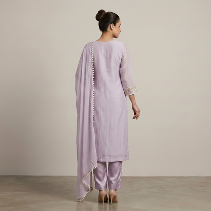 Lilac Embroidered Mul Chanderi Straight Suit Set