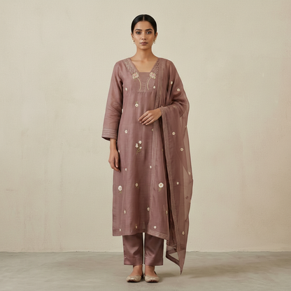 Mauve Mul Chanderi Bead & Floral Embroidered Suit Set
