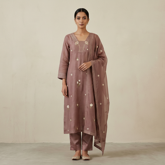 Mauve Mul Chanderi Bead & Floral Embroidered Suit Set