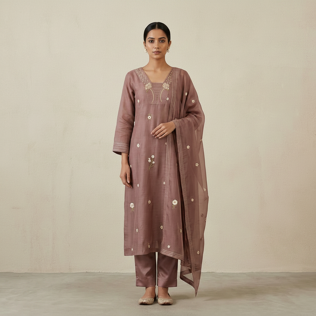 Mauve Mul Chanderi Bead & Floral Embroidered Suit Set