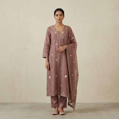Mauve Mul Chanderi Bead & Floral Embroidered Suit Set