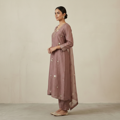 Mauve Mul Chanderi Bead & Floral Embroidered Suit Set
