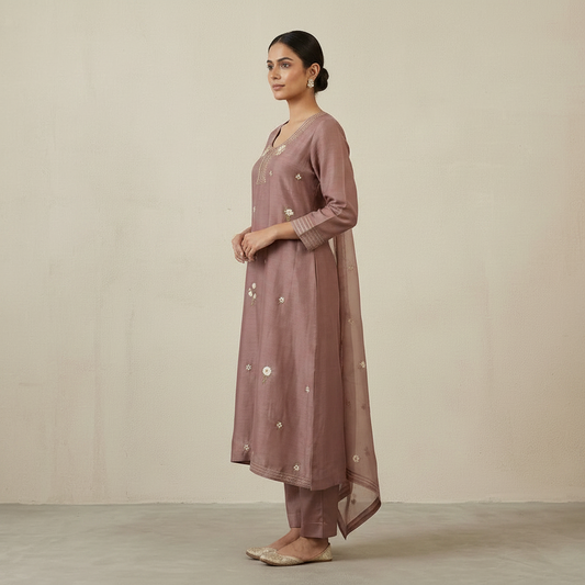 Mauve Mul Chanderi Bead & Floral Embroidered Suit Set