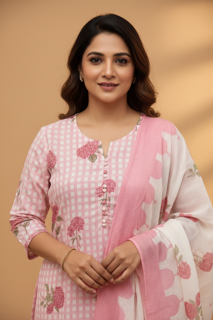 Baby Pink Hydrangea Check Farshi Cotton Suit Set