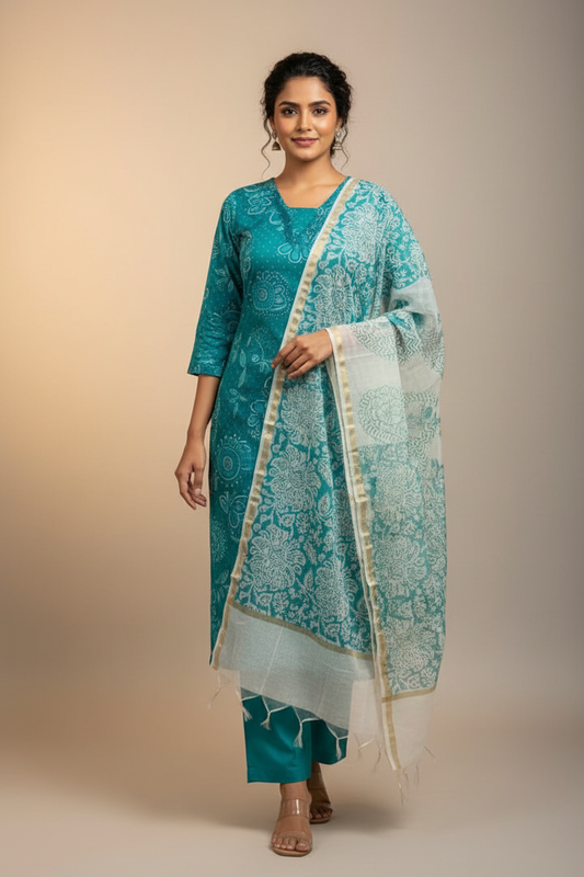 Teal Blue Cotton Straight Suit Set