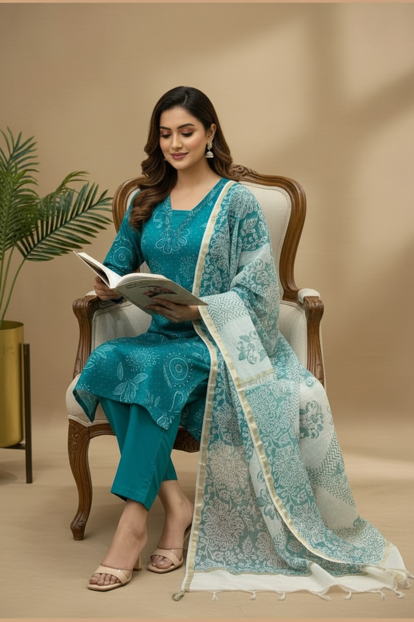 Teal Blue Cotton Straight Suit Set