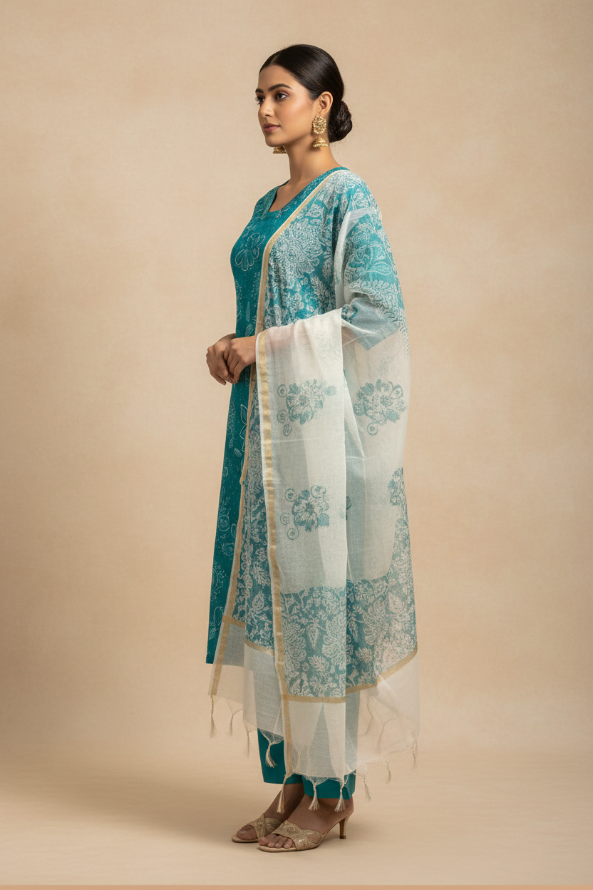 Teal Blue Cotton Straight Suit Set