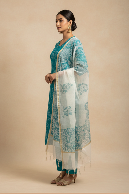 Teal Blue Cotton Straight Suit Set