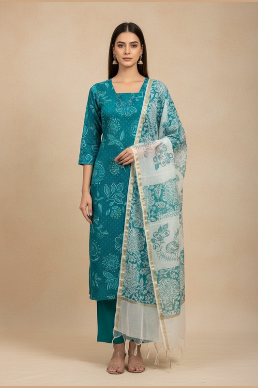 Teal Blue Cotton Straight Suit Set