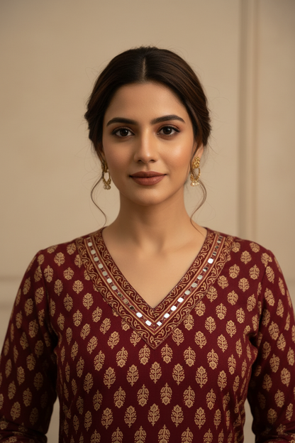 Maroon Printed Cotton Straight Suit Set