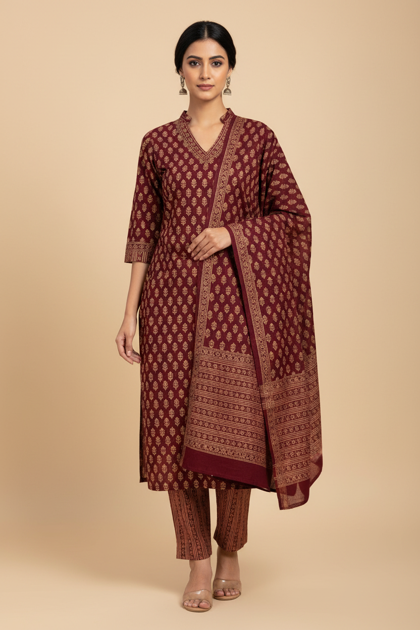 Maroon Printed Cotton Straight Suit Set