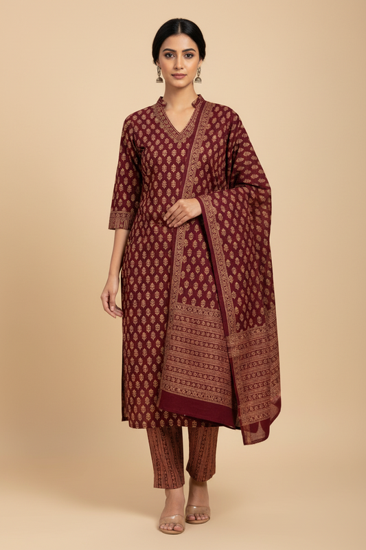 Maroon Printed Cotton Straight Suit Set
