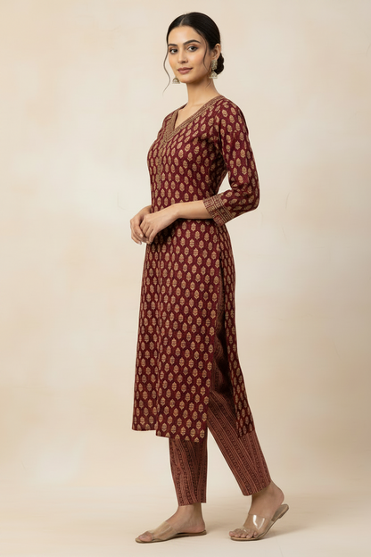 Maroon Printed Cotton Straight Suit Set