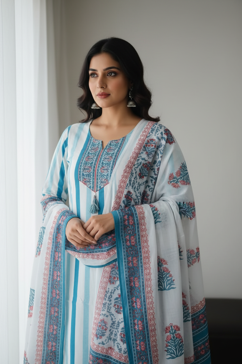White Blue Stripes Cotton Straight Suit Set