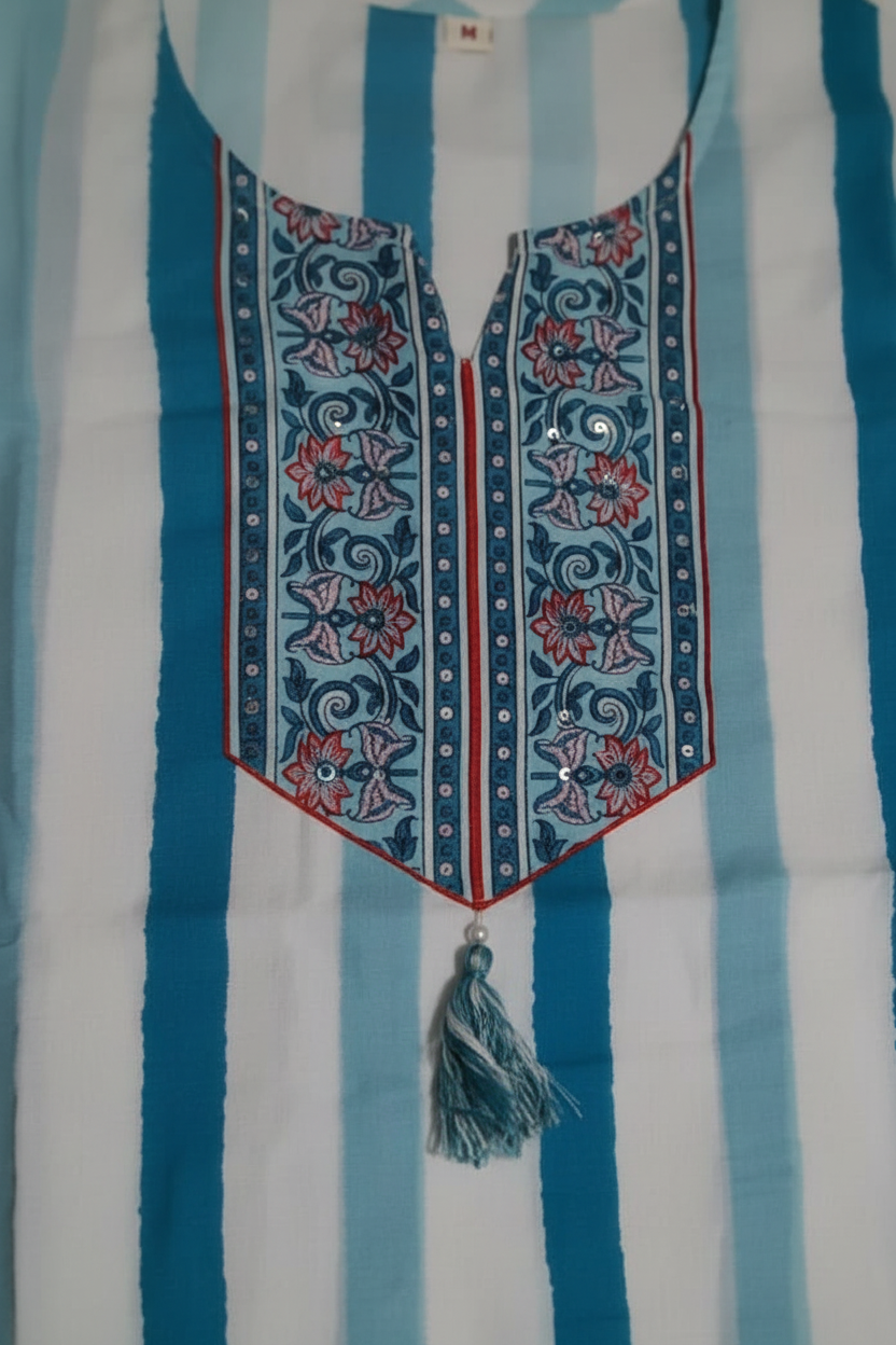 White Blue Stripes Cotton Straight Suit Set