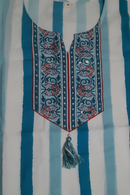 White Blue Stripes Cotton Straight Suit Set
