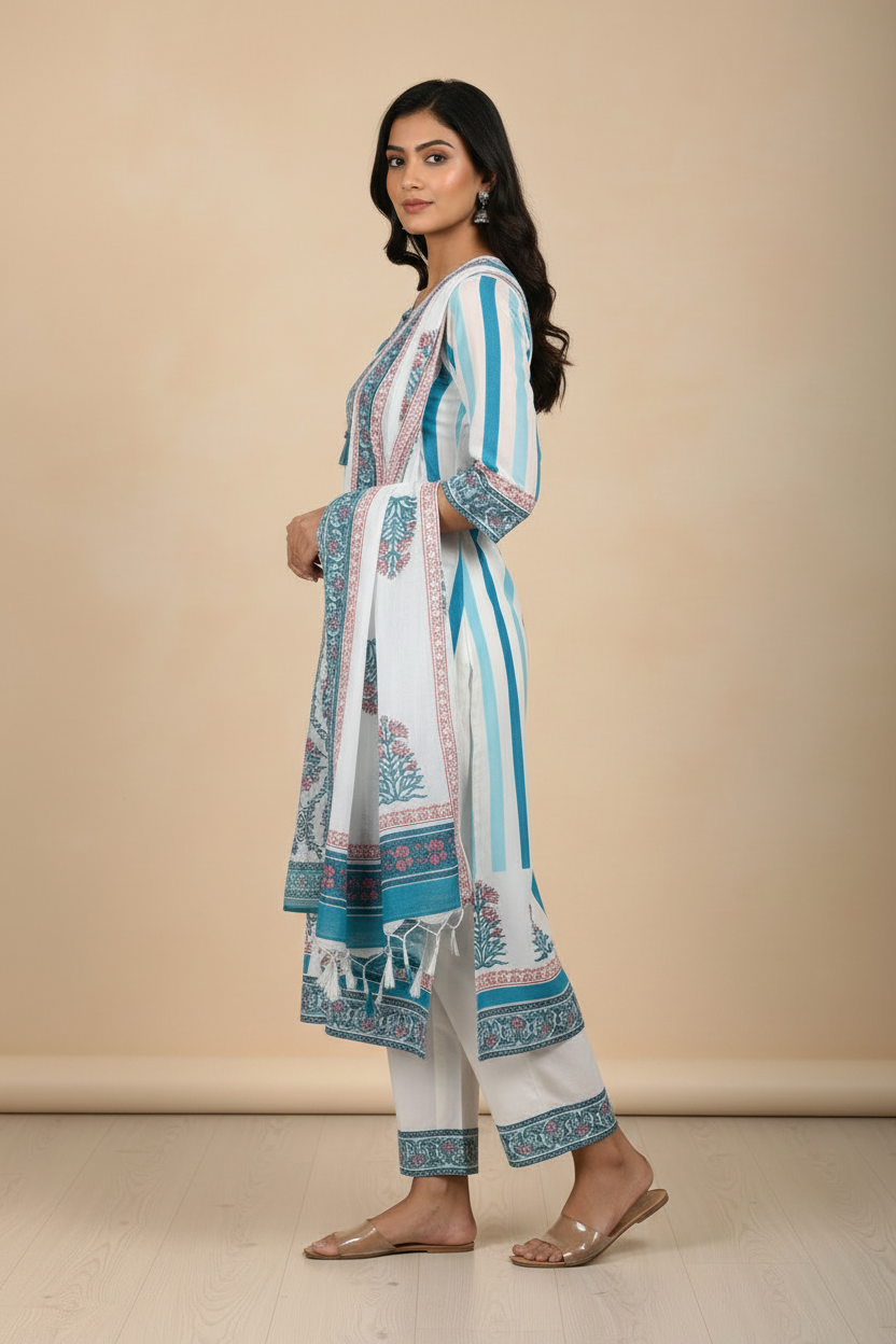 White Blue Stripes Cotton Straight Suit Set